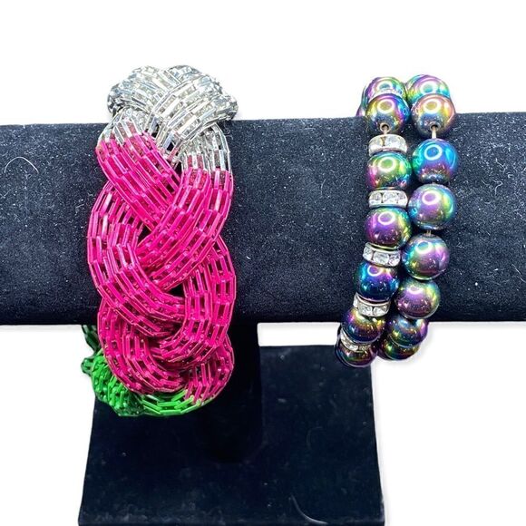 Two black iridescent magnetic stretch bracelets one braided mesh bangle - Picture 1 of 6